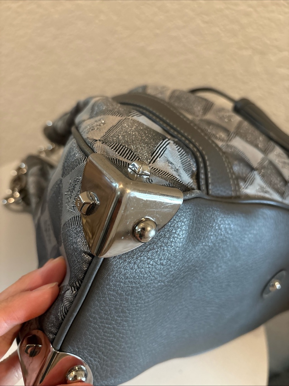 MCM Gray Drawstring Tote Bag with Chain Handle - Picture 8 of 16